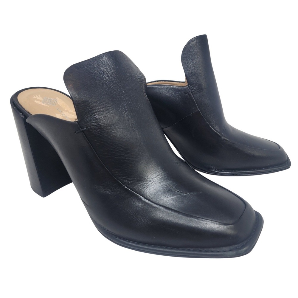 Antonio Melani‎ Romann Black Leather Square Toe Block Heel Mules Womens 10M